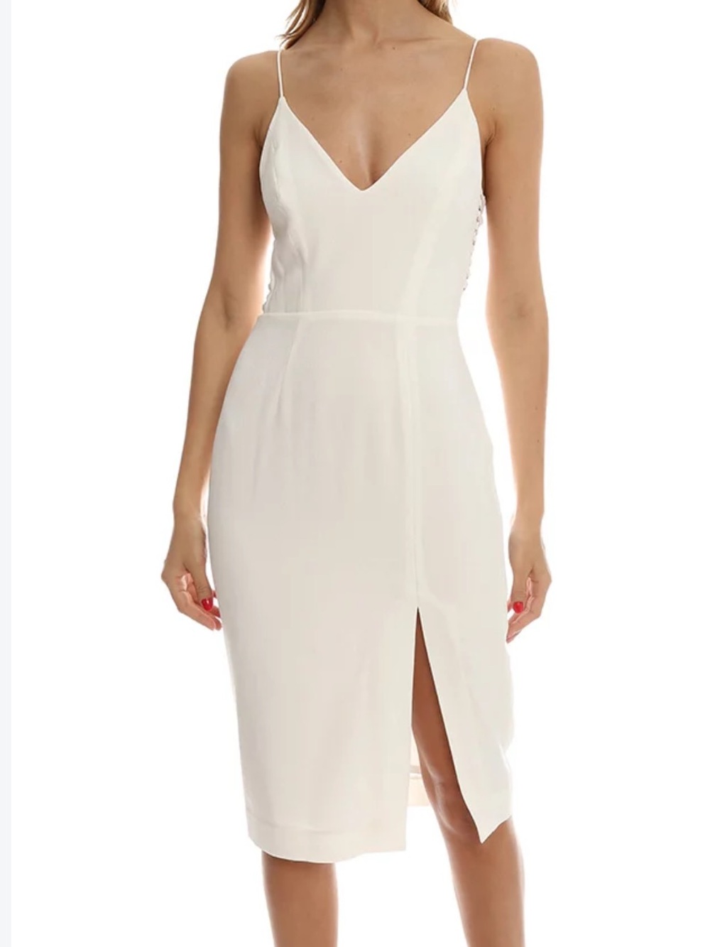Showpo White V-Neck Spaghetti Strap Midi Dress with Side Slit